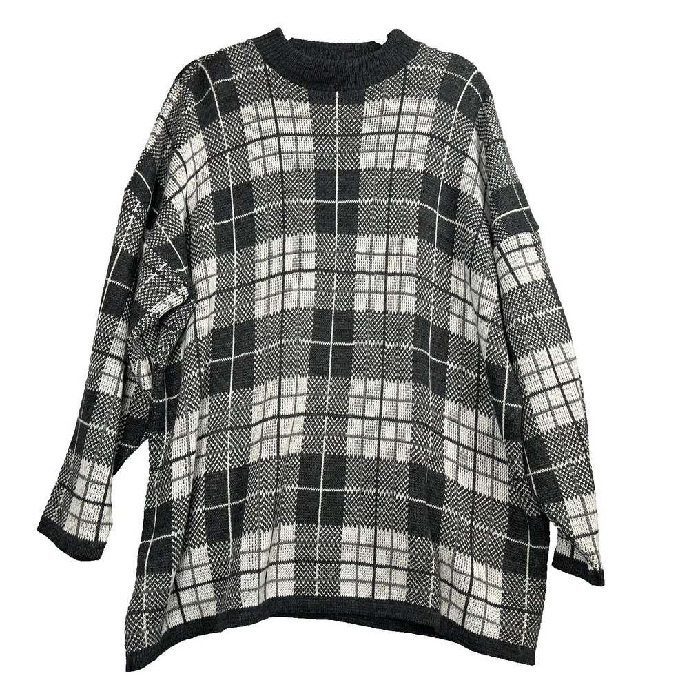 Mathias‎ Vintage Plaid Knit Sweater Mens 2X Black White Oversized Made in USA